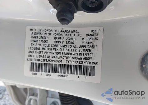 2019 Honda Civic Lx из США, поврежденный, VIN 2HGFC2F62KH560854